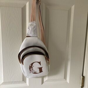 White and Brown Mini Backpack with Initial G